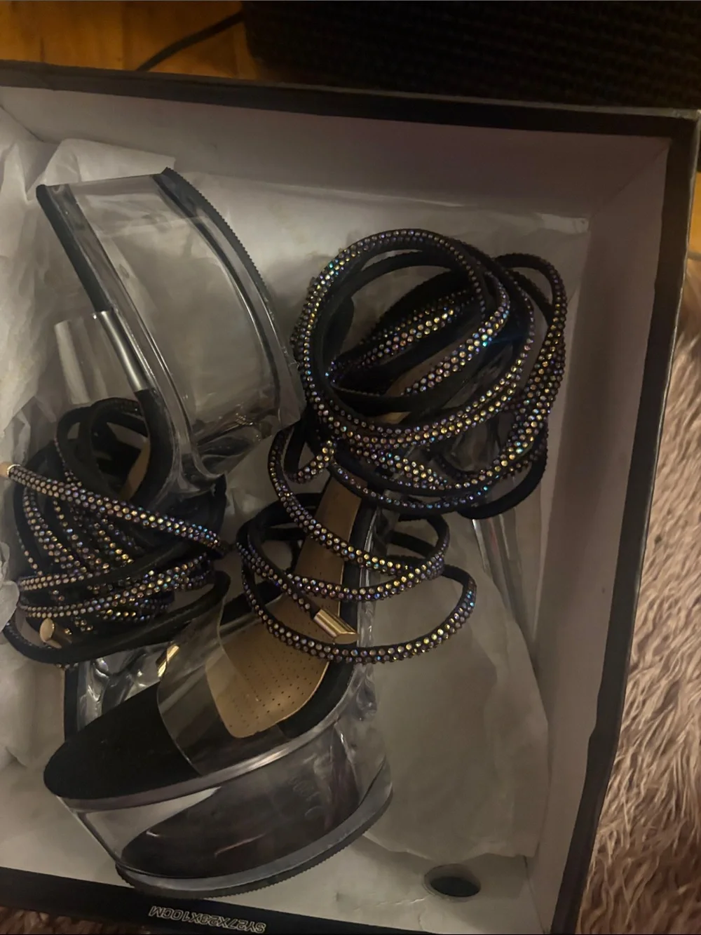 Black Rhinestone Wrap Platform Heels - Women